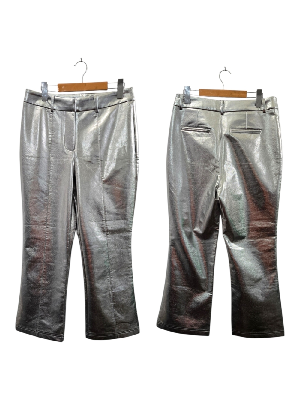 7 For All Mankind Metallic Silver Faux Leather Cropped Flare Pants - Size M - Picture 9 of 10